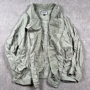BKE Womens Large Sage Green Utility Jacket Lace Trim Open Front Casual Light